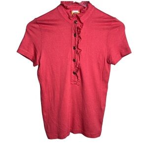 Tory Burch Coral/ Pink Ruffle Hem Top W/Half Button Down Short Sleeve